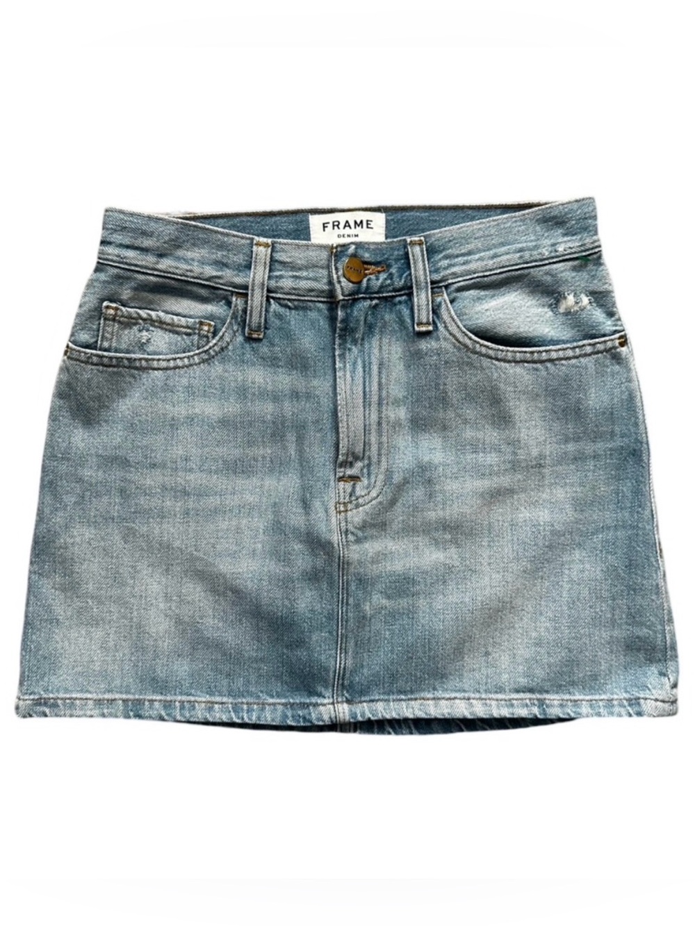 Like New Frame Denim Faded Light Blue Distressed Denim Mini Skirt Size 32